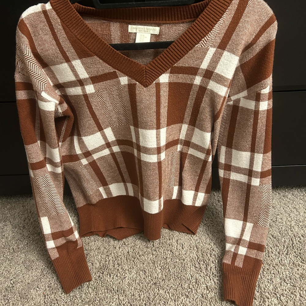 Brown and White V-Neck Sweater